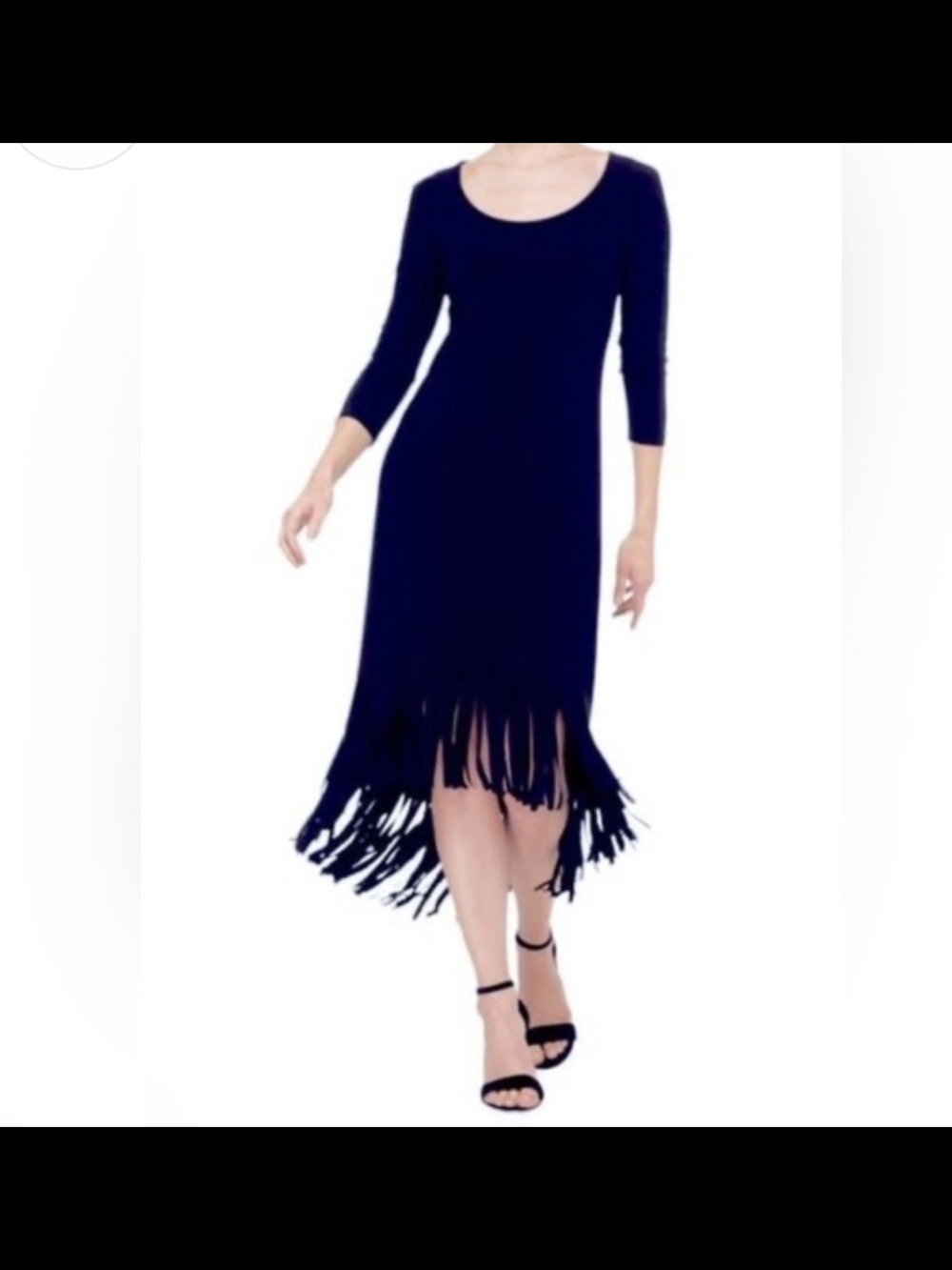 Calvin Klein navy blue high-low dress scooped neckline and a fringe Hem 4